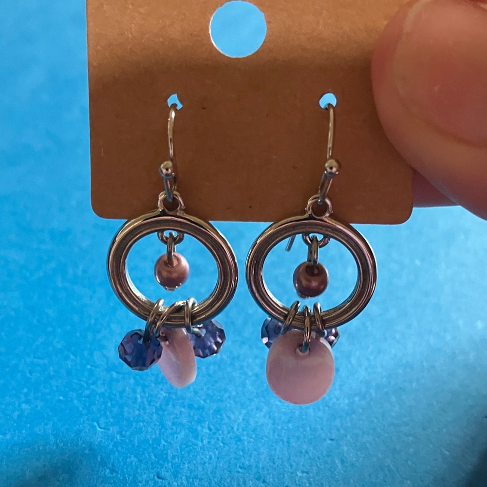 Silver and Purple Beaded Mini Hoop Dangle Earrings